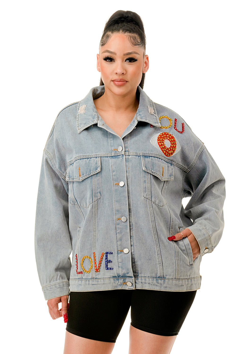 Oversized Embroidered Letters Denim Jacket