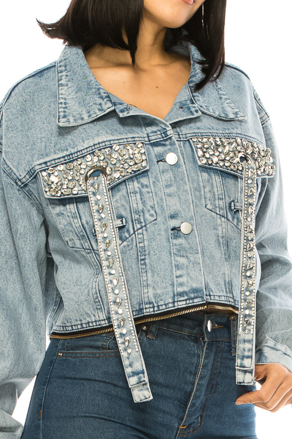 Cropped Long Sleeve Rhinestone Denim Jacket