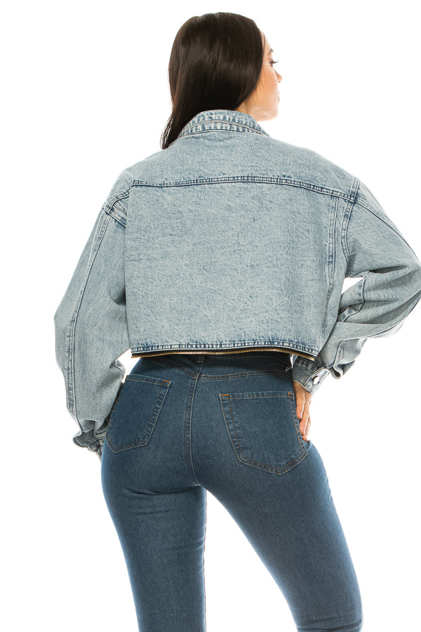 Cropped Long Sleeve Rhinestone Denim Jacket