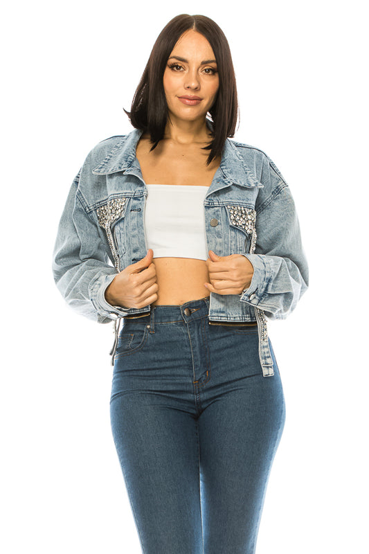 Cropped Long Sleeve Rhinestone Denim Jacket