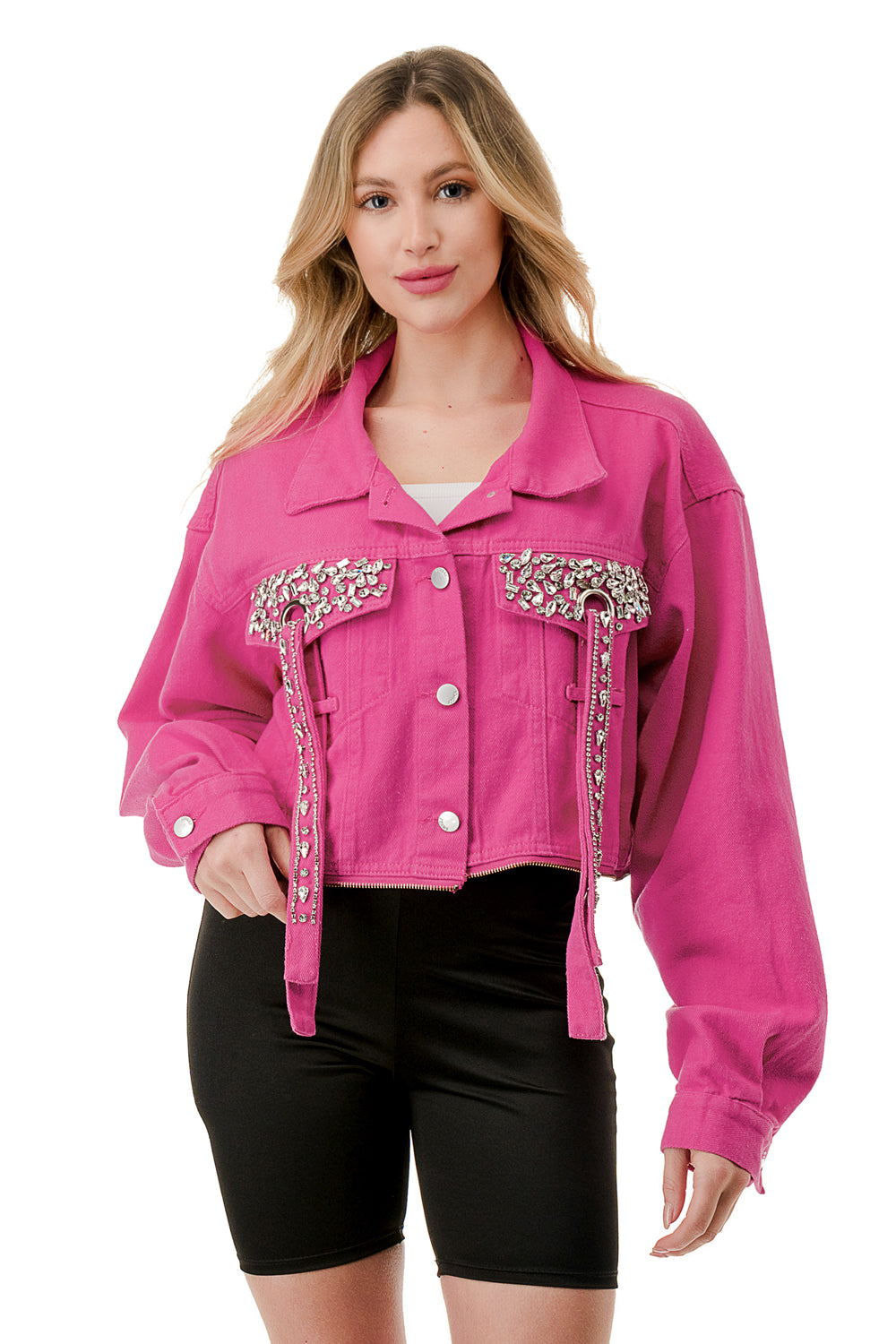 Cropped Long Sleeve Rhinestone Denim Jacket