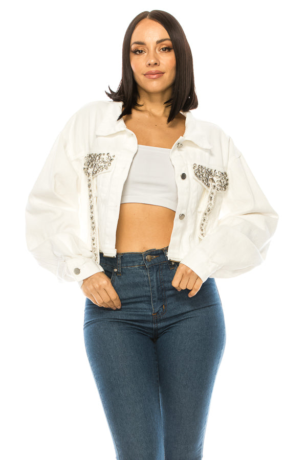 Cropped Long Sleeve Rhinestone Denim Jacket