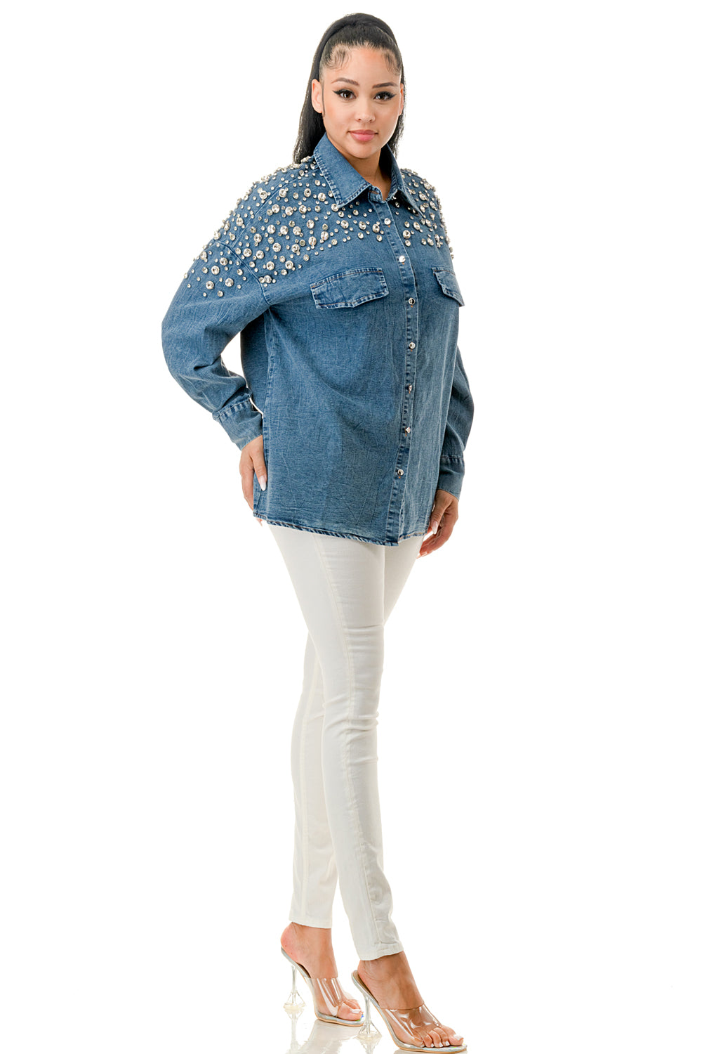 Shoulder Rhinestone Denim Shackets