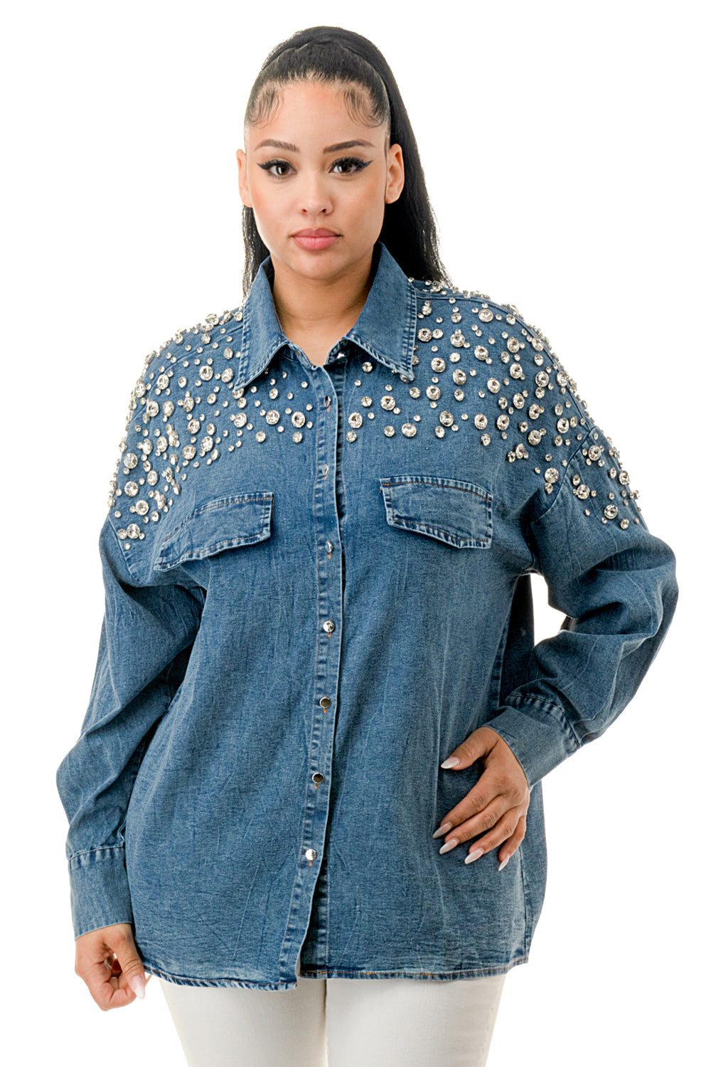 Shoulder Rhinestone Denim Shackets