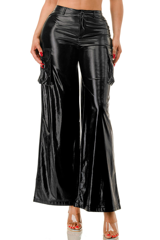 PU Metallic Cargo Bell Bottom Pants