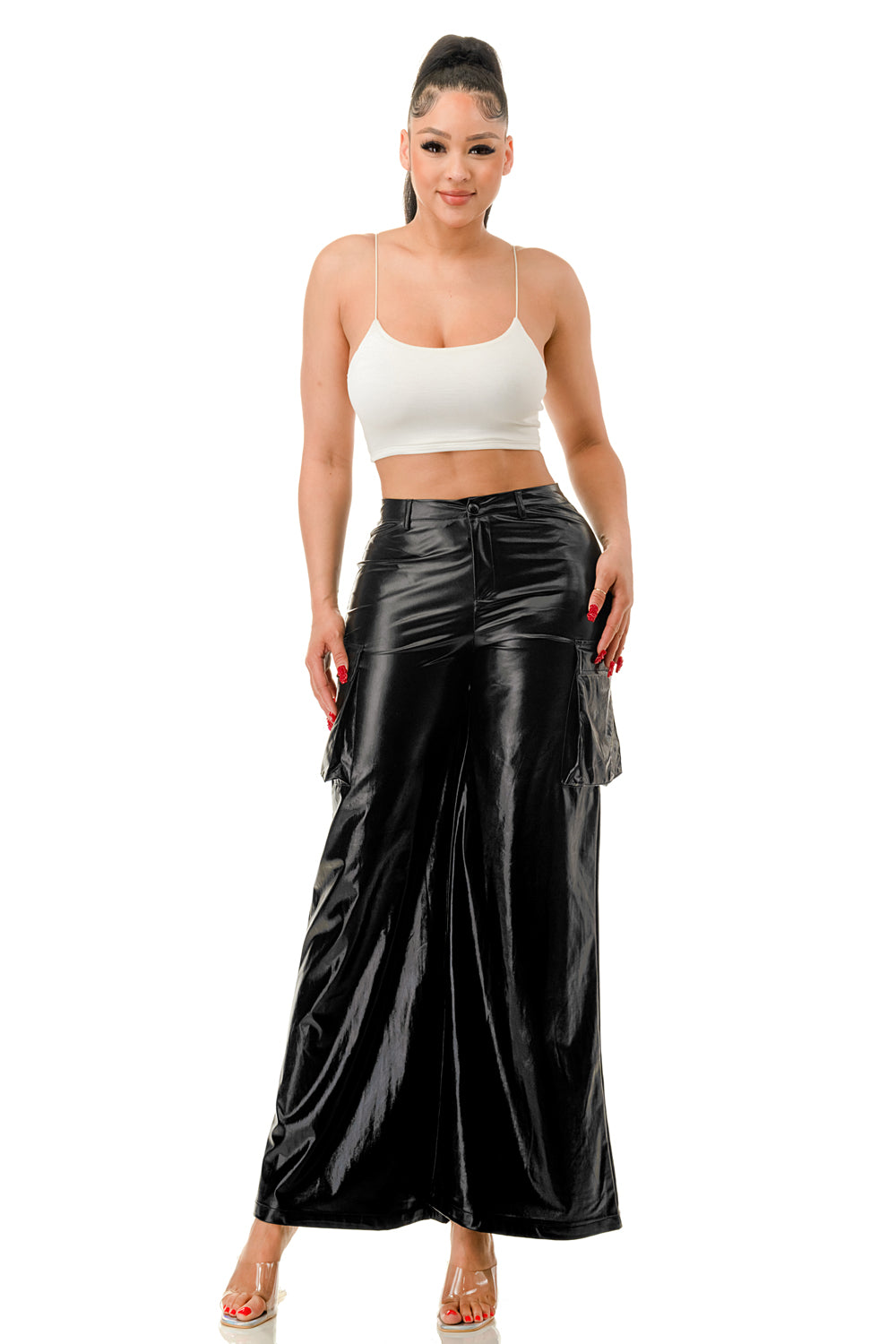 PU Metallic Cargo Bell Bottom Pants