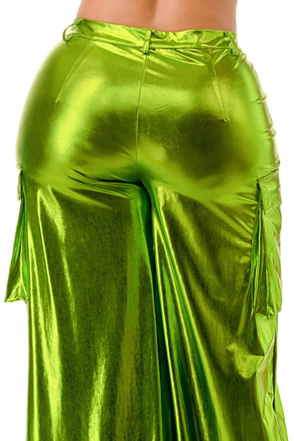 PU Metallic Cargo Bell Bottom Pants