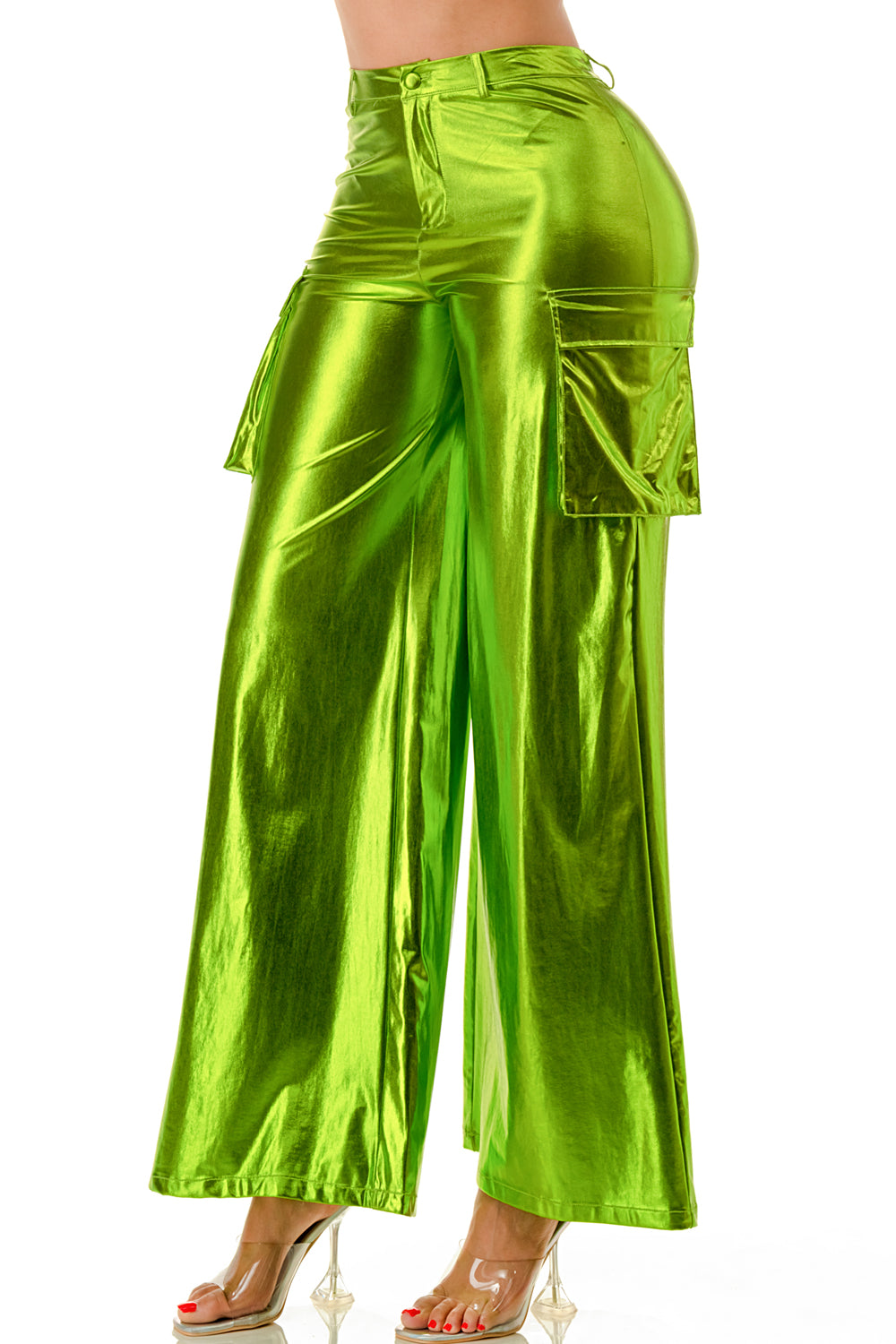 PU Metallic Cargo Bell Bottom Pants