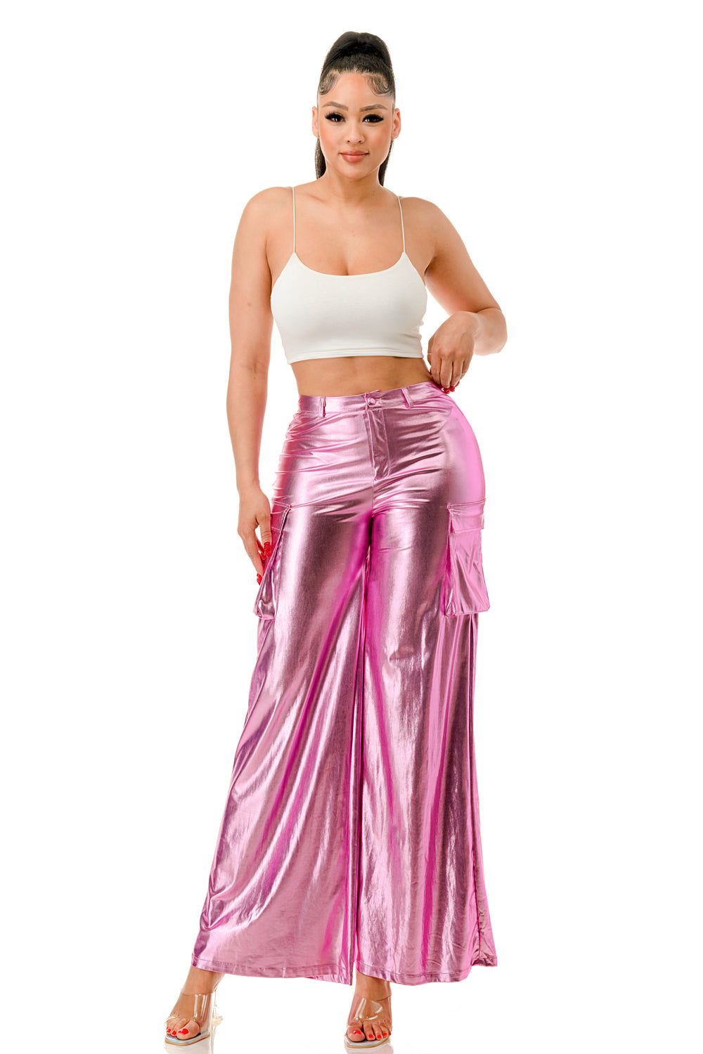 PU Metallic Cargo Bell Bottom Pants