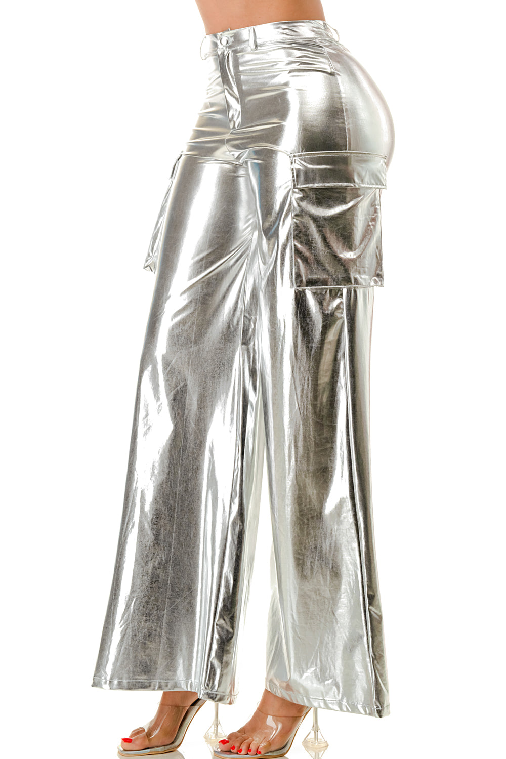 PU Metallic Cargo Bell Bottom Pants