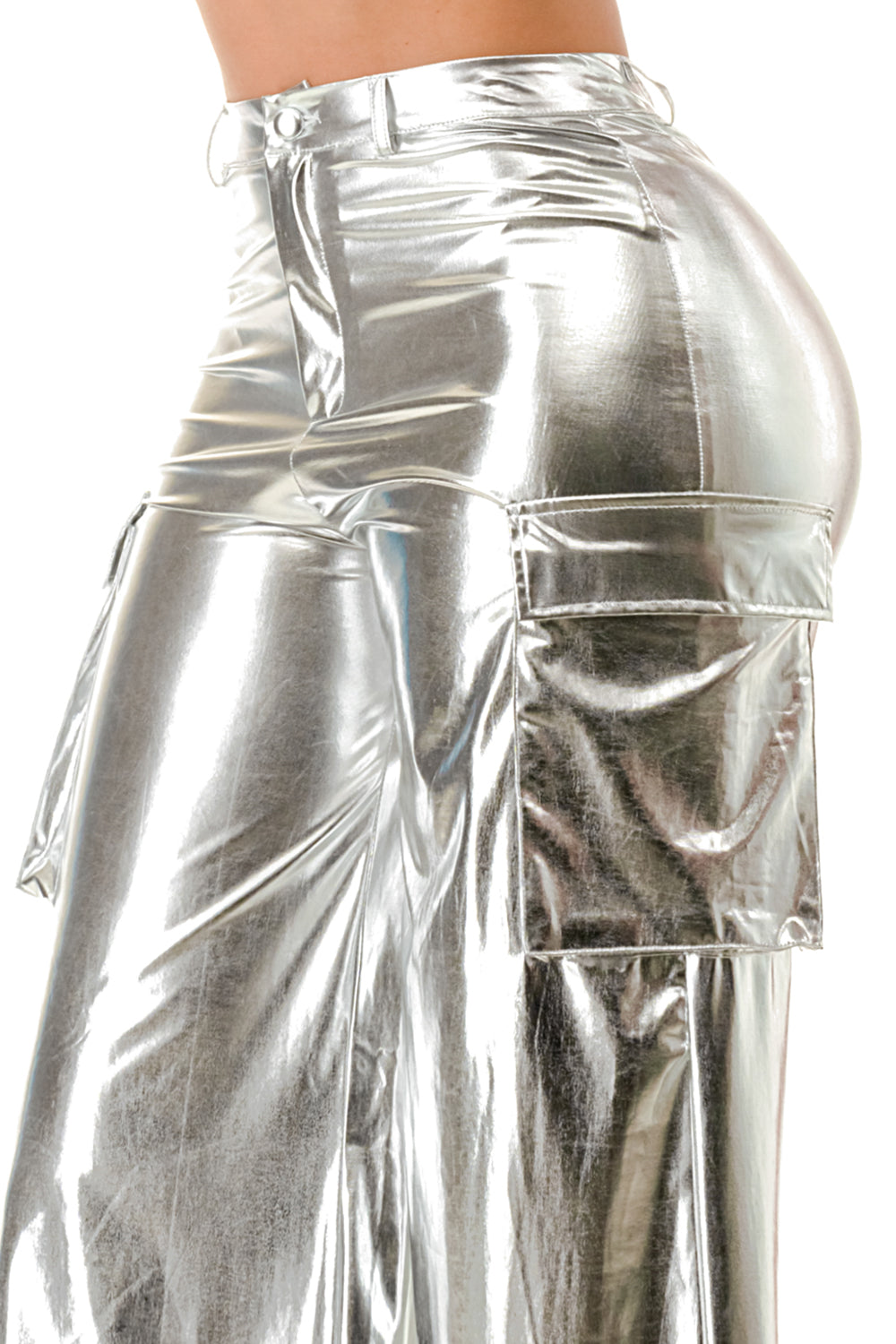 PU Metallic Cargo Bell Bottom Pants