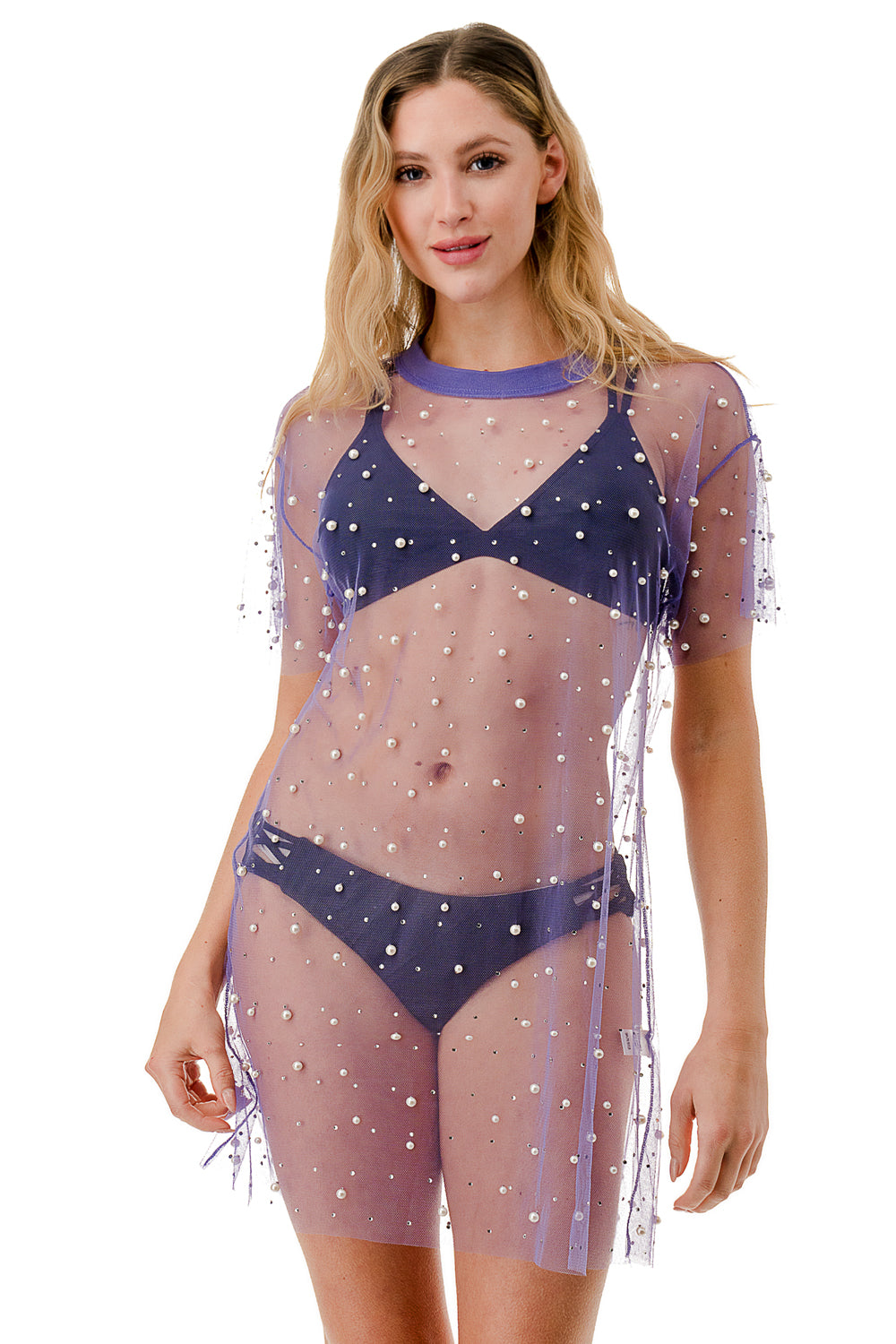 Short Sleeve Embellished Pearl Mesh One Piece