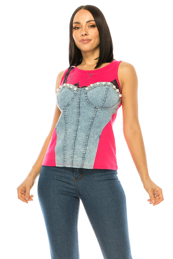 Sleeveless Pearl Embellished Denim Corset Top