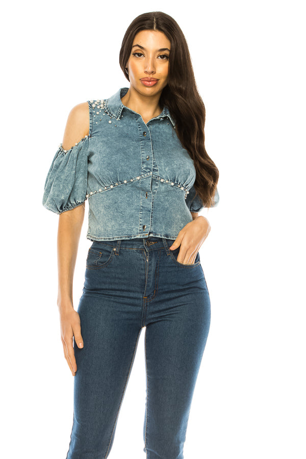 Open Shoulder Embellished Pearl Denim Top