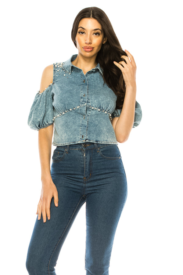 Open Shoulder Embellished Pearl Denim Top