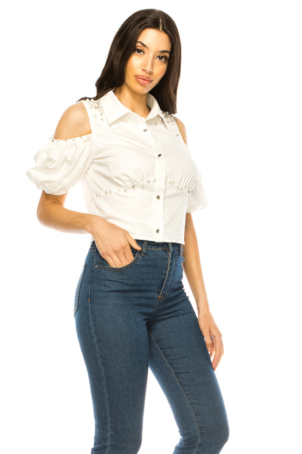 Open Shoulder Embellished Pearl Denim Top