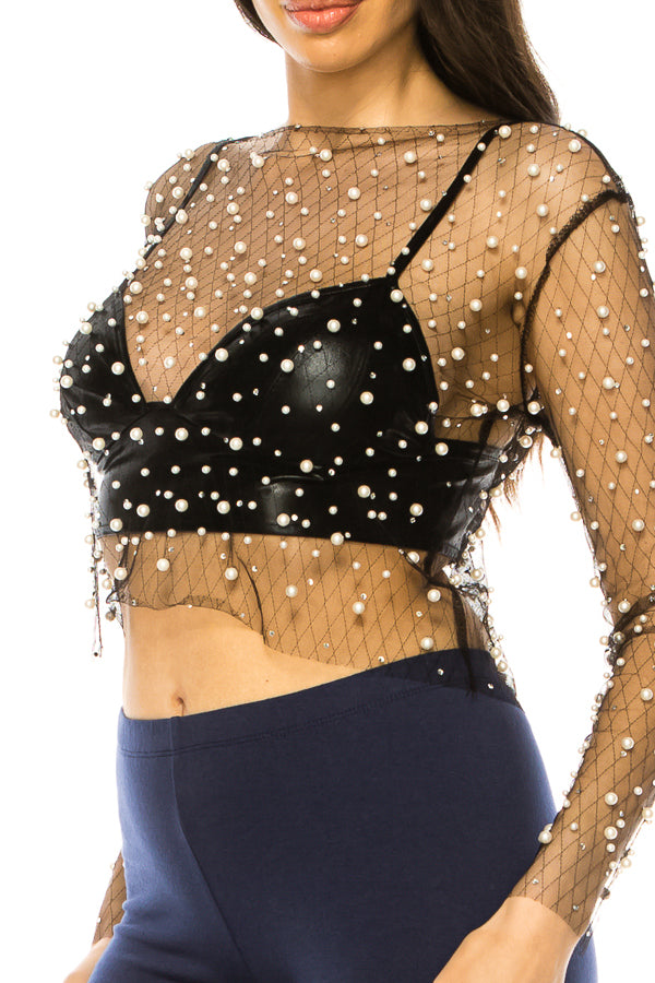 Embellished Pearls and Studs Sheer Overlay Cropped Top