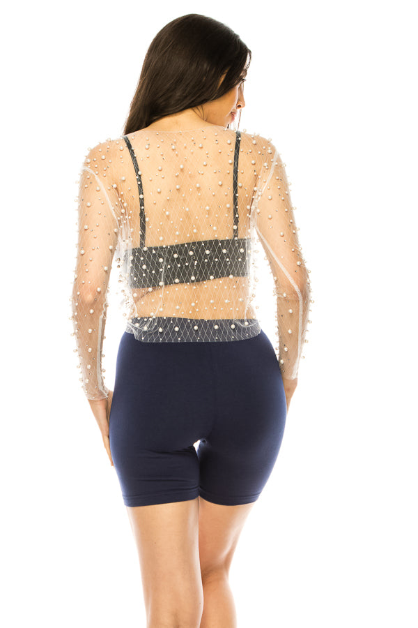 Embellished Pearls and Studs Sheer Overlay Cropped Top