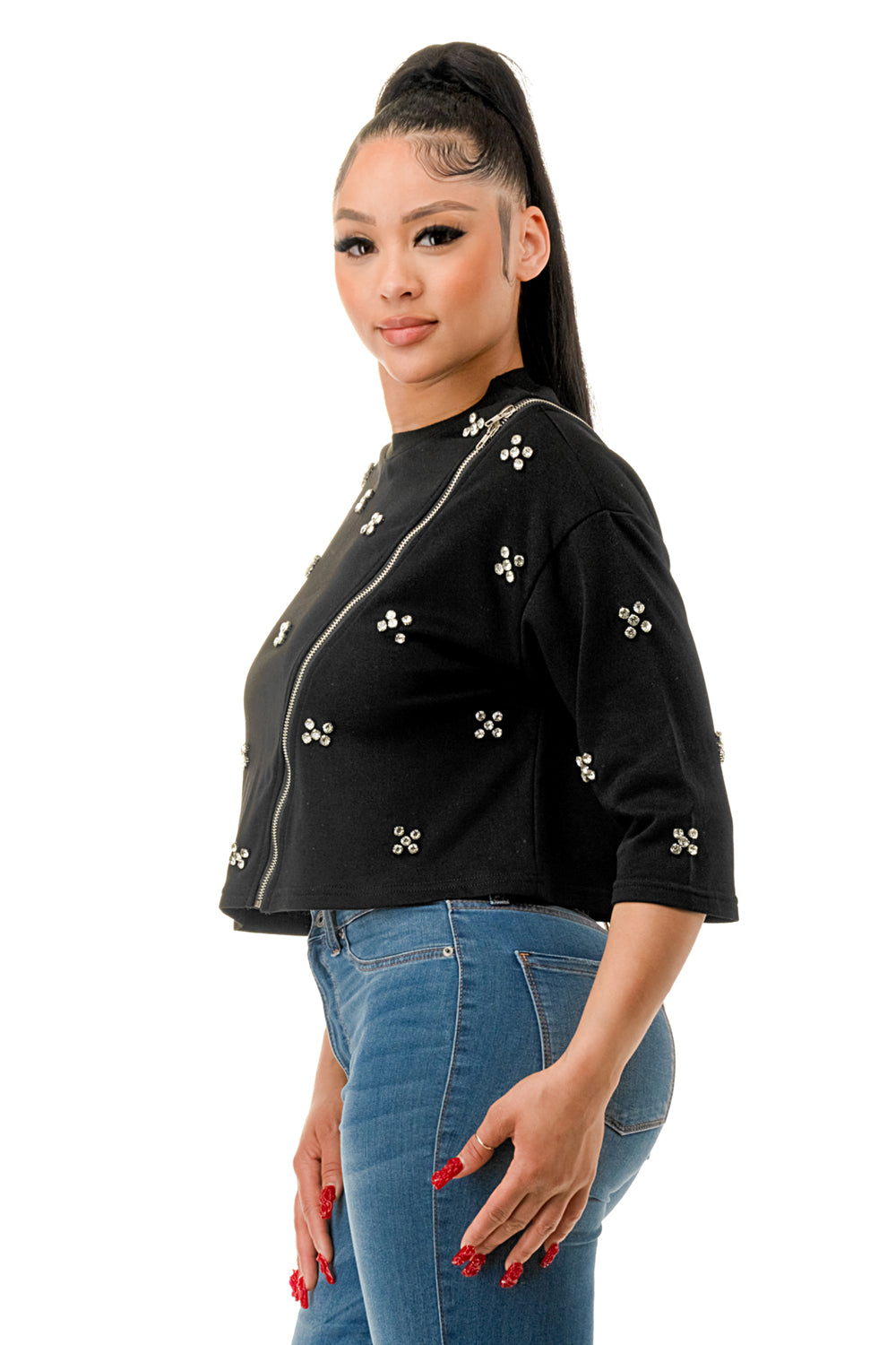 Crew Neck Front Zipper Rhinestone Top