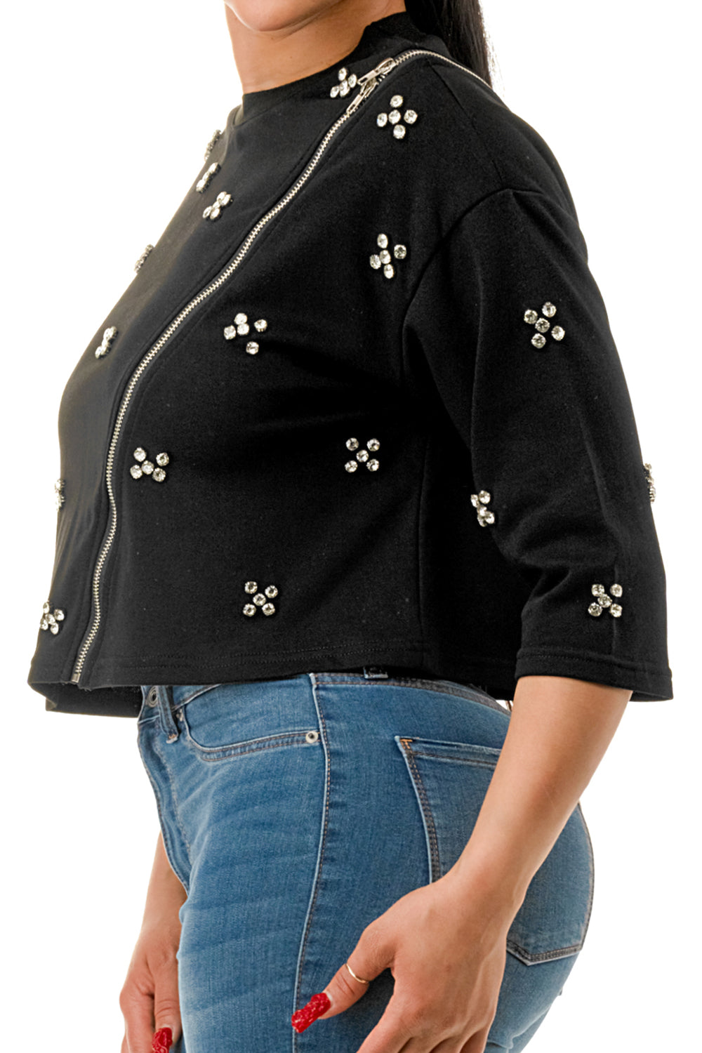 Crew Neck Front Zipper Rhinestone Top