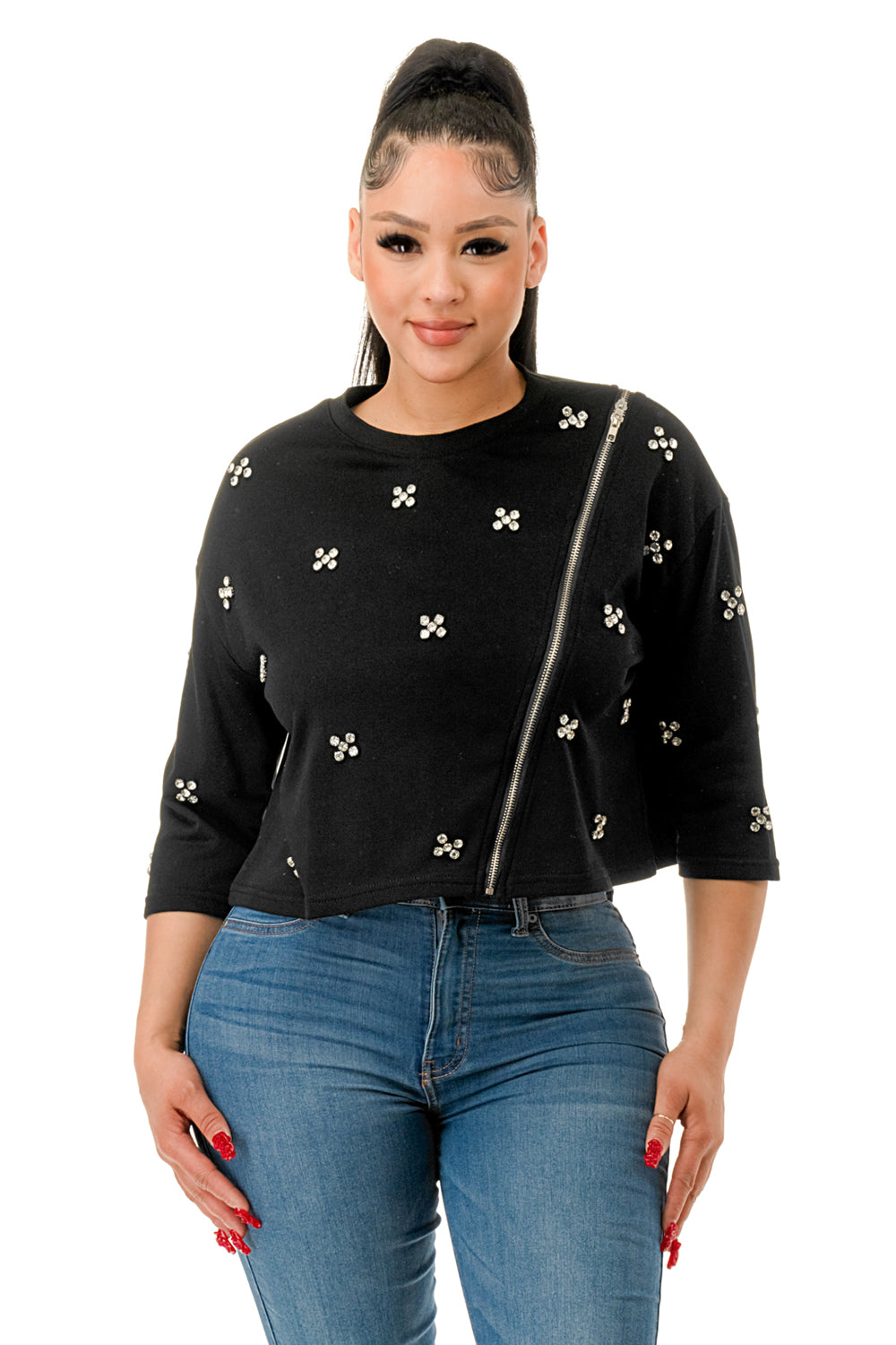 Crew Neck Front Zipper Rhinestone Top