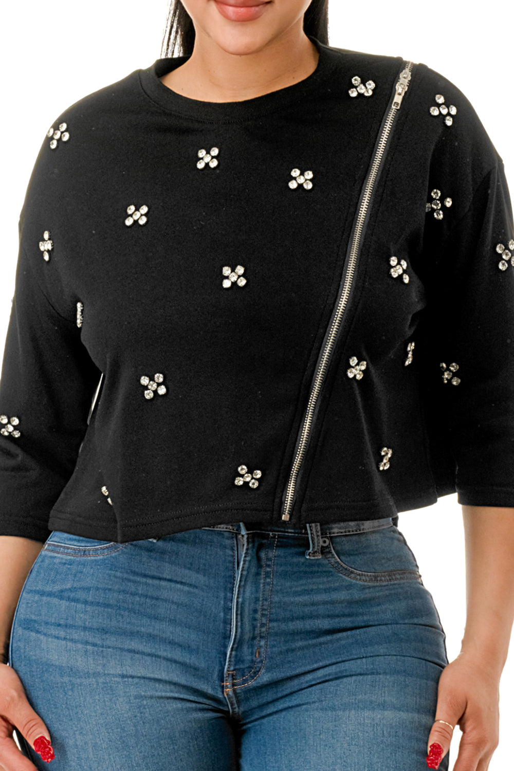 Crew Neck Front Zipper Rhinestone Top