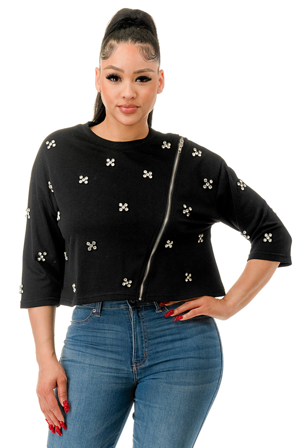 Crew Neck Front Zipper Rhinestone Top