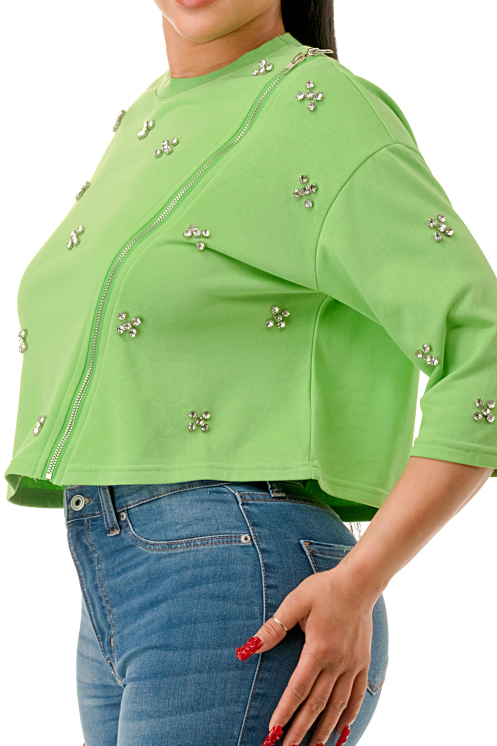 Crew Neck Front Zipper Rhinestone Top