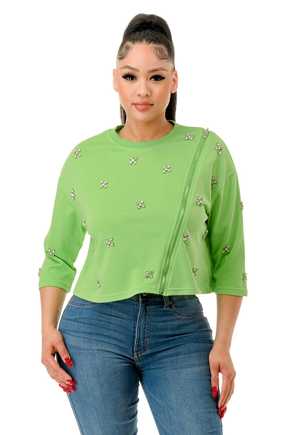 Crew Neck Front Zipper Rhinestone Top