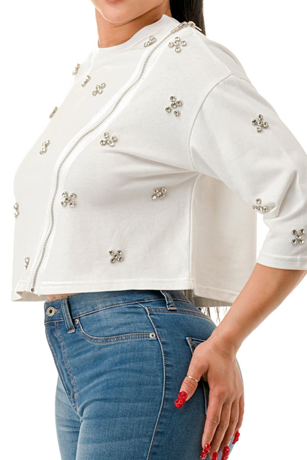 Crew Neck Front Zipper Rhinestone Top