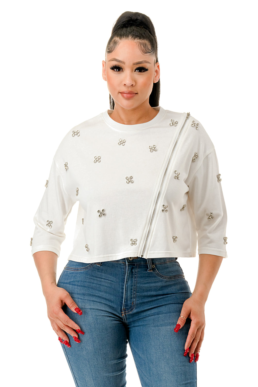 Crew Neck Front Zipper Rhinestone Top