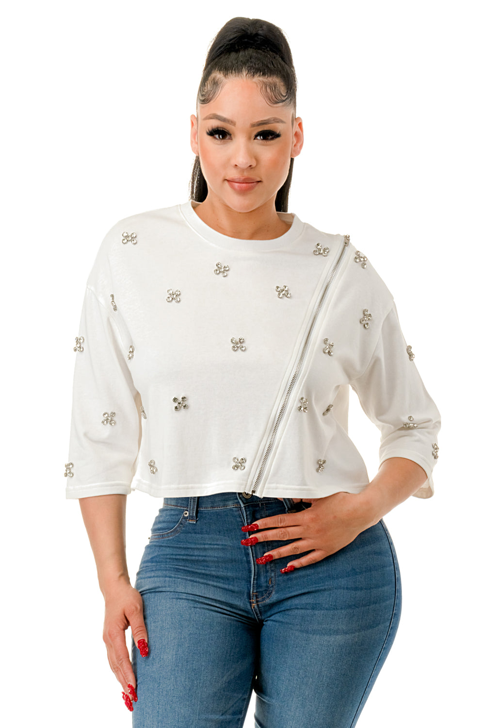 Crew Neck Front Zipper Rhinestone Top