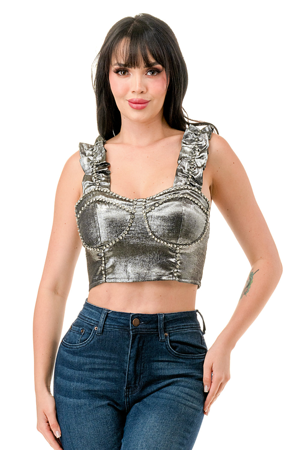 Ruffle Bustier Top with Rhinestones