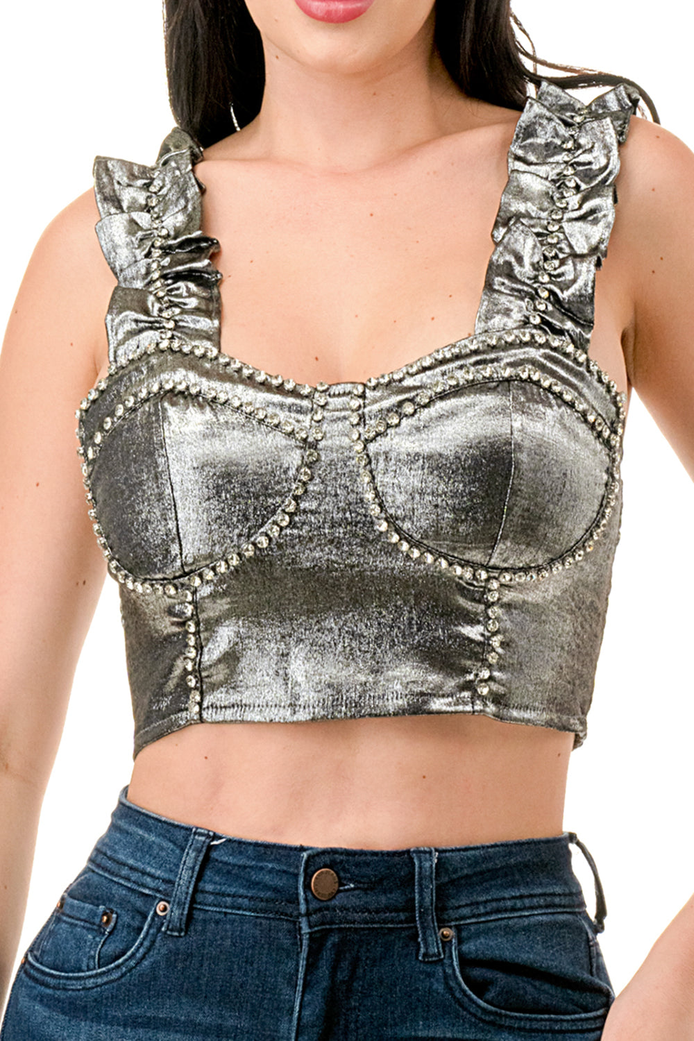 Ruffle Bustier Top with Rhinestones