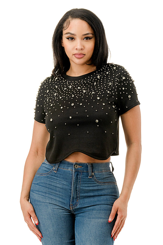 Wavy Cut Cropped Top with Stones