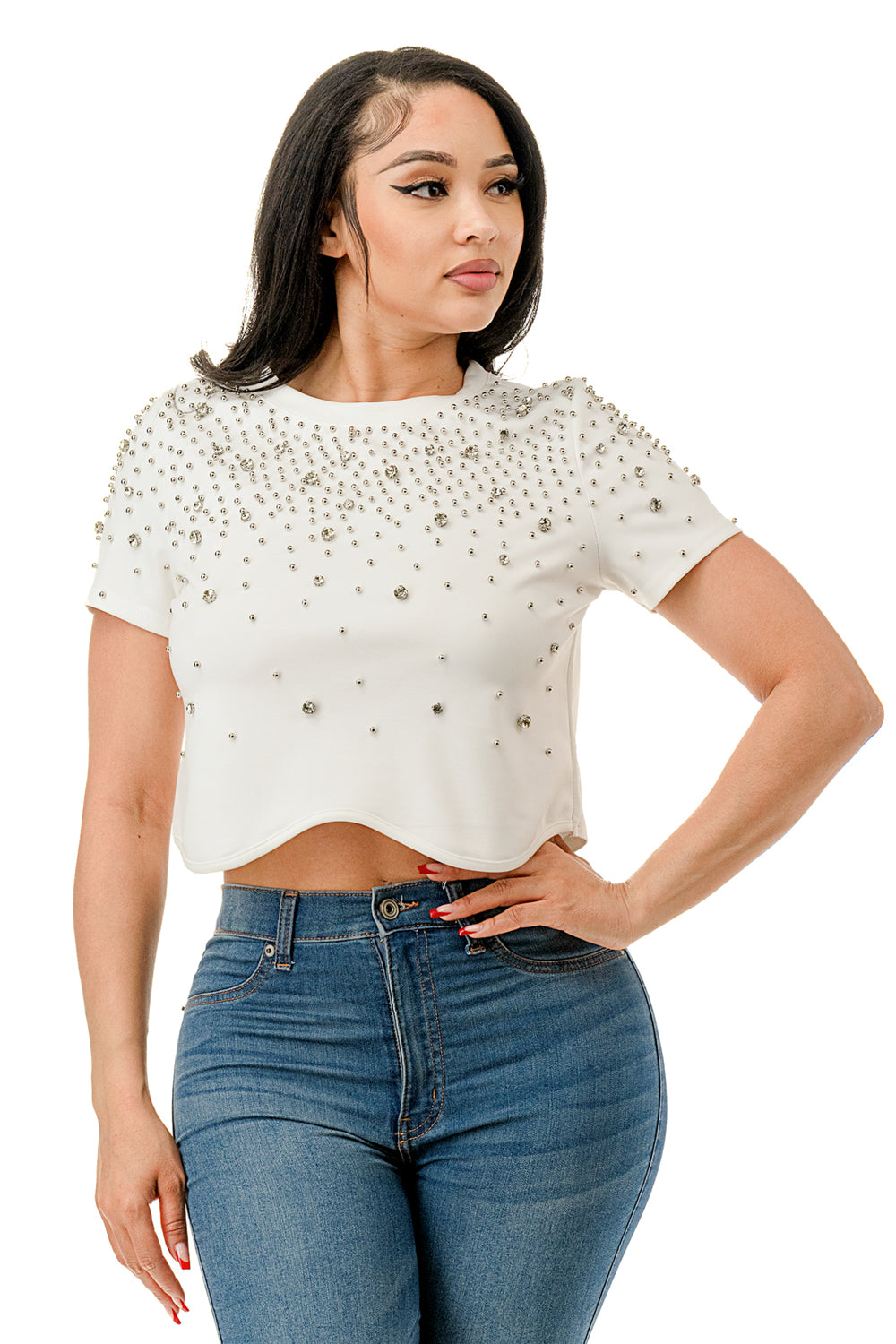 Wavy Cut Cropped Top with Stones