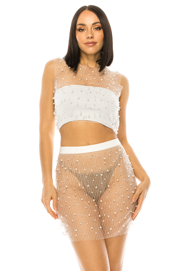 Faux Pearl Sheer Top and Skirt Set