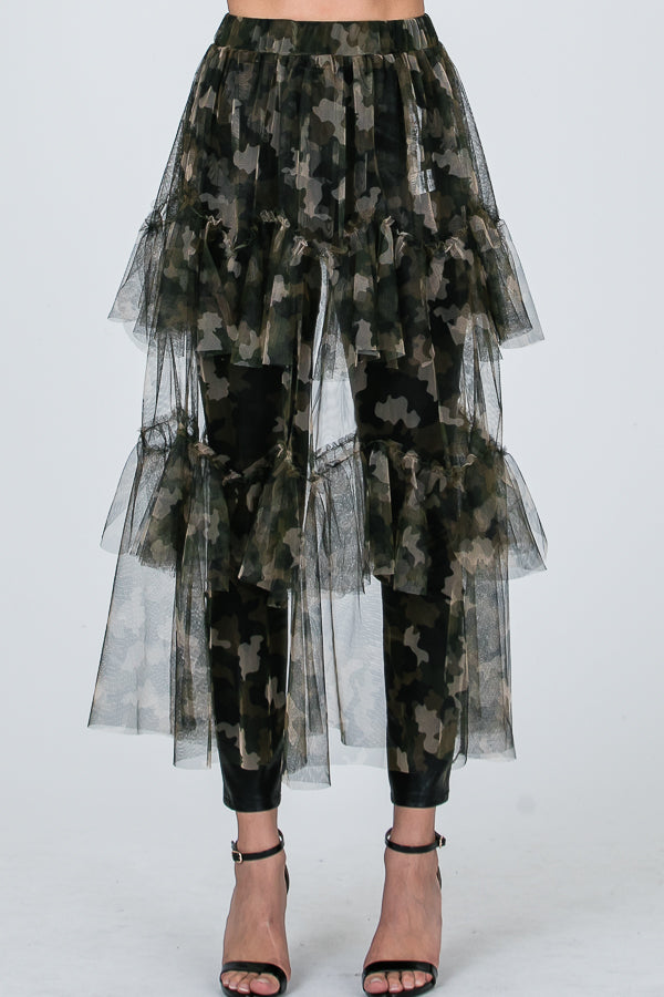 Mesh Tiered Printed Midi Skirt