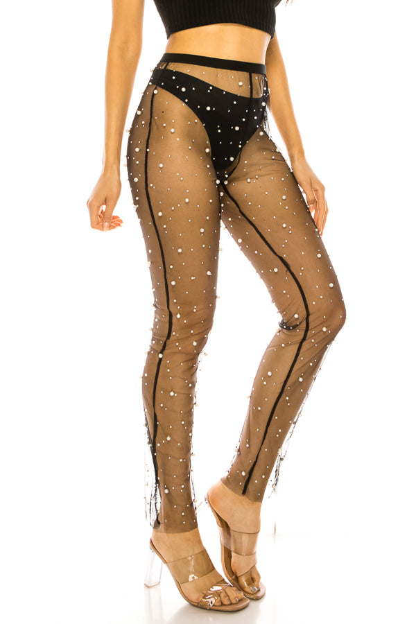 Sheer Mesh Beaded Rhinestones Long Pants