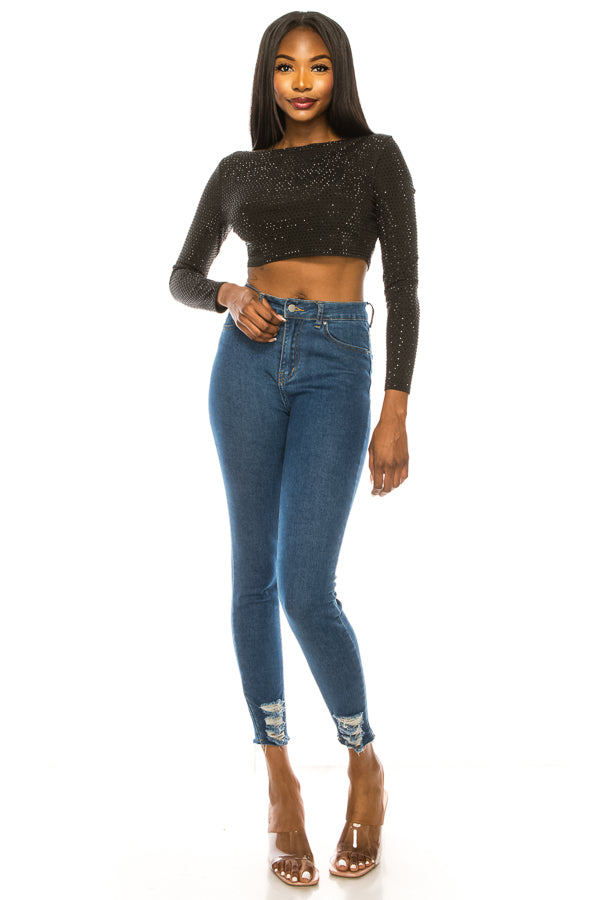 Long Sleeve Cropped Top Rhinestones Top