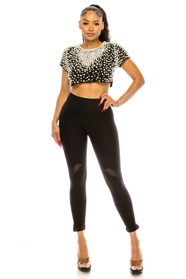 Short Sleeve Pearls Embellish Crop Top