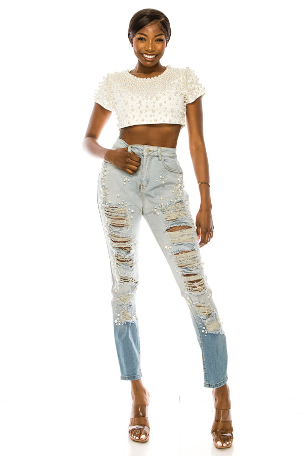 Short Sleeve Pearls Embellish Crop Top