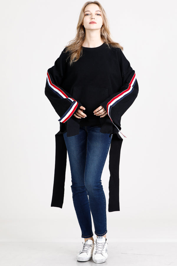 Crew Neck Multi Color Stripe Sleeve Tie Hem Oversized Sweatshirt