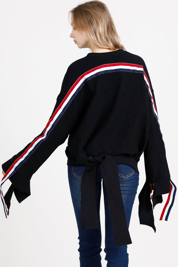 Crew Neck Multi Color Stripe Sleeve Tie Hem Oversized Sweatshirt