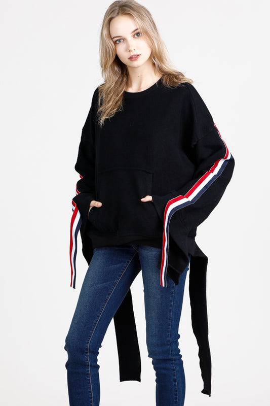 Crew Neck Multi Color Stripe Sleeve Tie Hem Oversized Sweatshirt