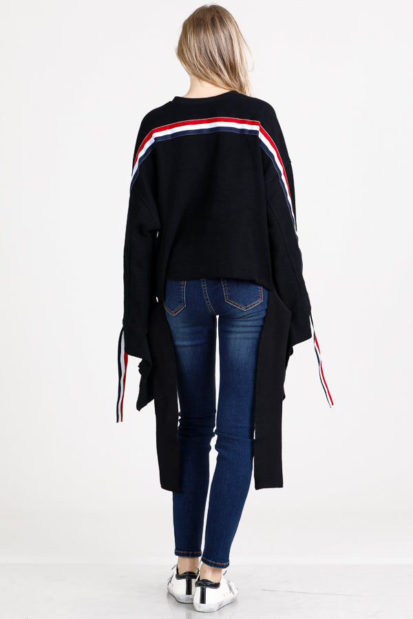 Crew Neck Multi Color Stripe Sleeve Tie Hem Oversized Sweatshirt