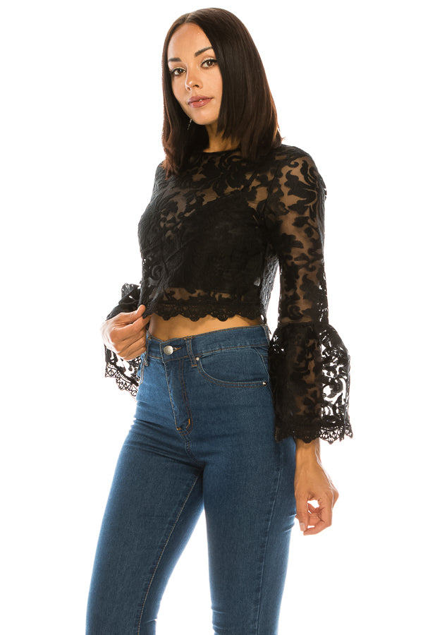 Bell Sleeve High Neck Sheer Mesh Floral Lace Crop Top