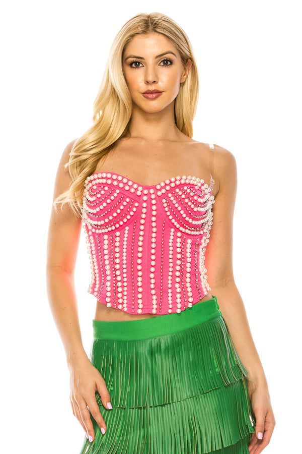 Spaghetti Strap Pearl Beaded Bustier Crop Top